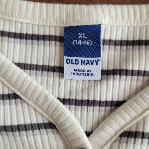 Old Navy Rib Henley Tee Girls Size XL 14-16 Cream Stripe Lettuce Edge Stretch - Picture 5 of 13